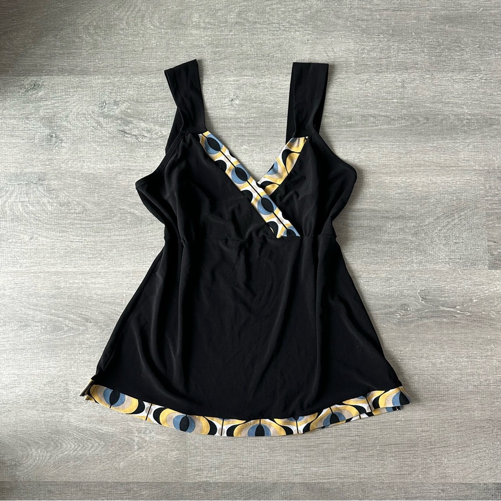 Vintage Y2K Black Babydoll Top with Yellow & Blue Geometric Trim